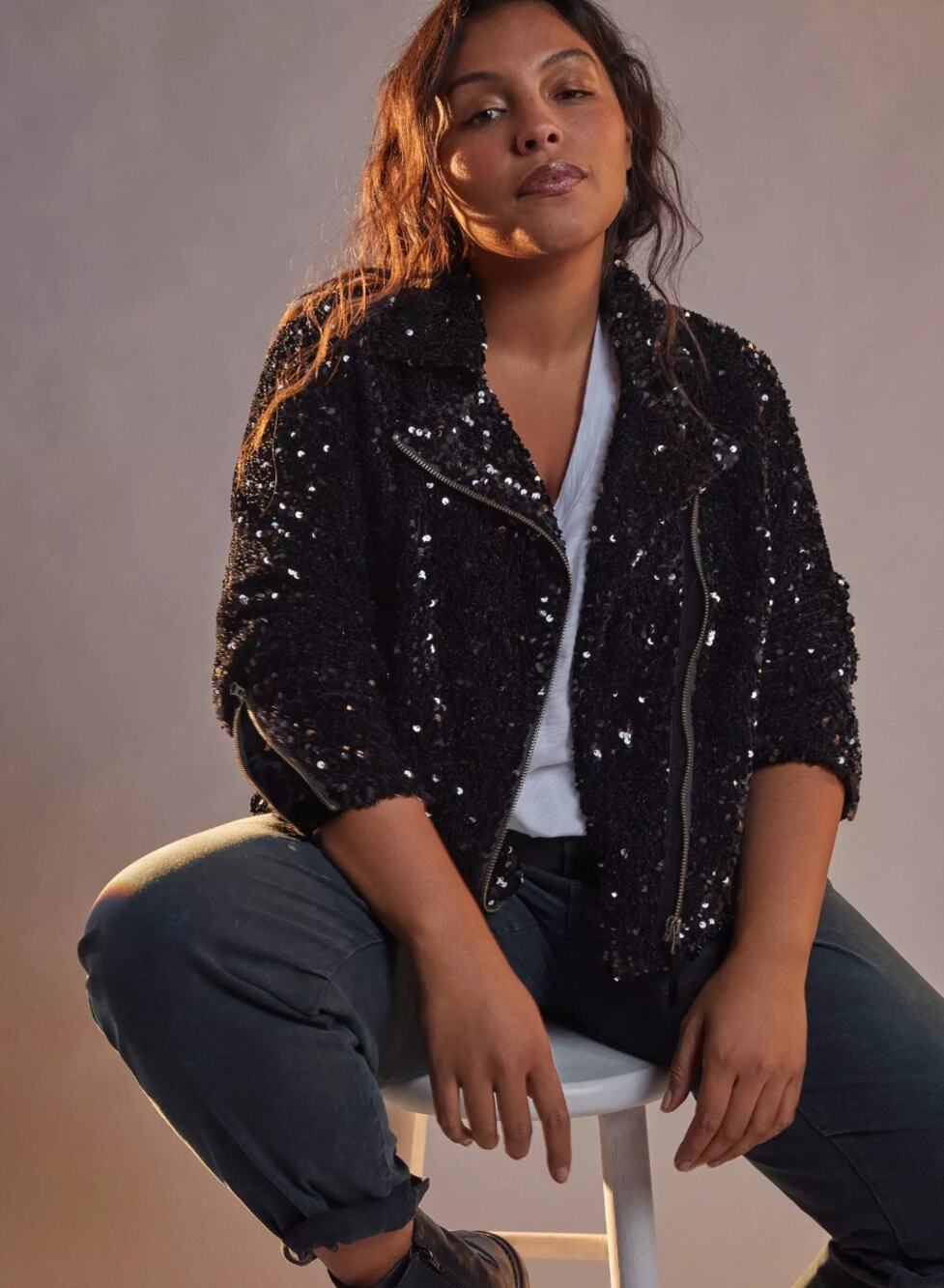 Anthropologie Maeve Malia Sequined Crop Moto Jacket Black Zip Up Size Medium